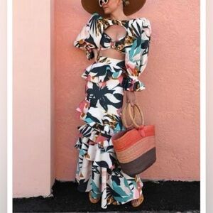 Two-piece Printed Skirt & Lantern Sleeve Hollow Top